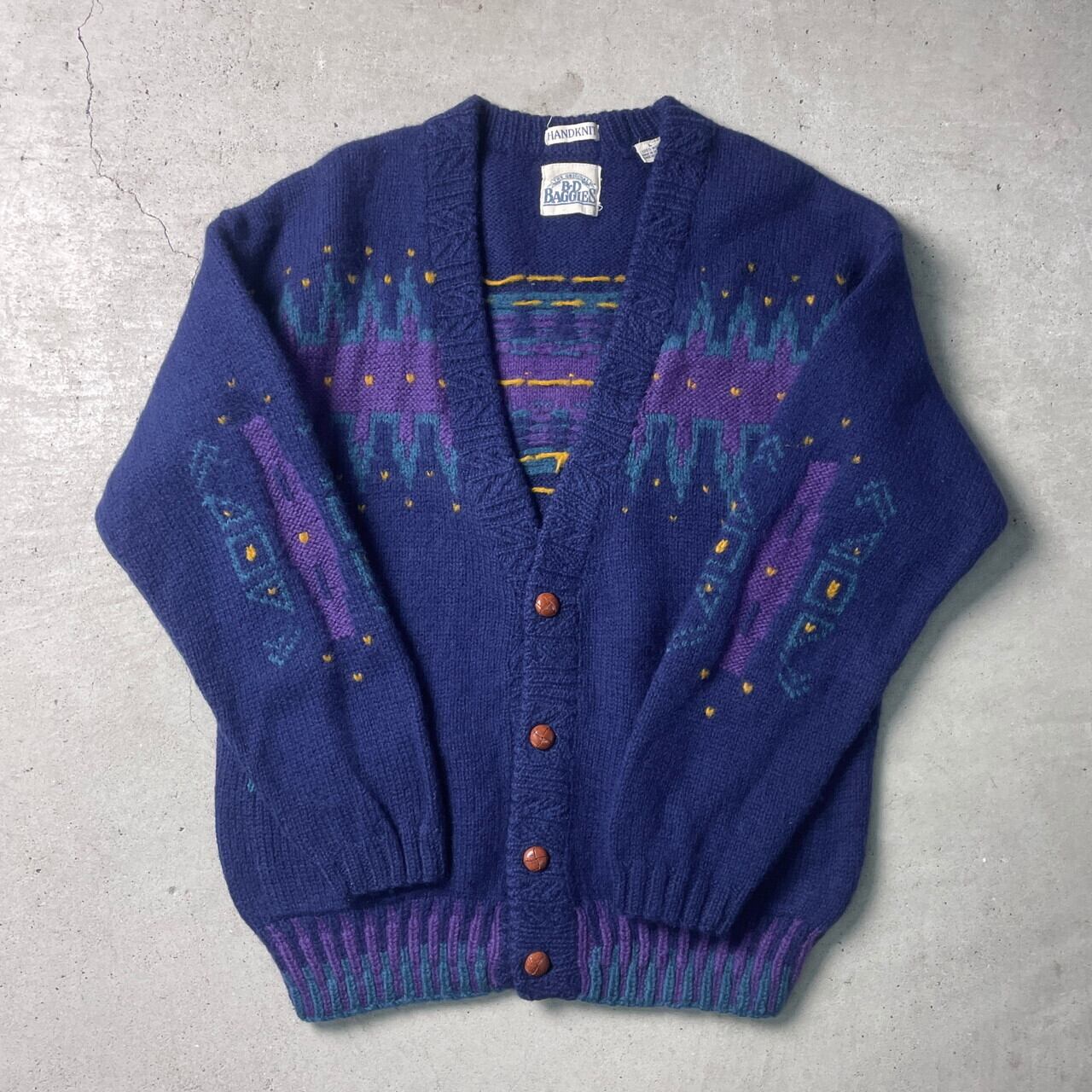 90年代 B.D.BAGGIES ウールニットカーディガン ハンドニット メンズL 