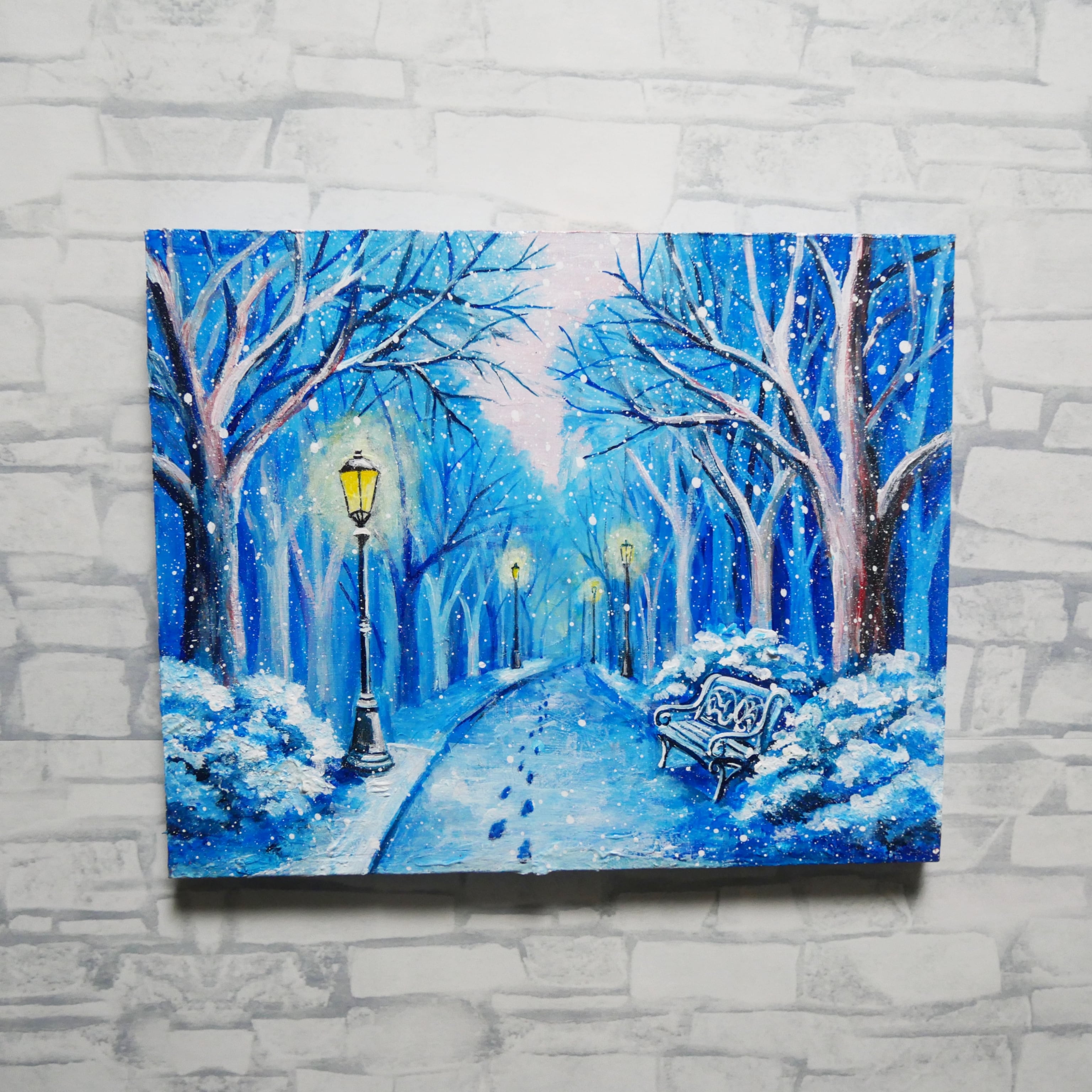 油絵 原画 雪景色 冬景色 幻想的 青 絵画 F3「雪降る幻想」 | HIROSHI1990