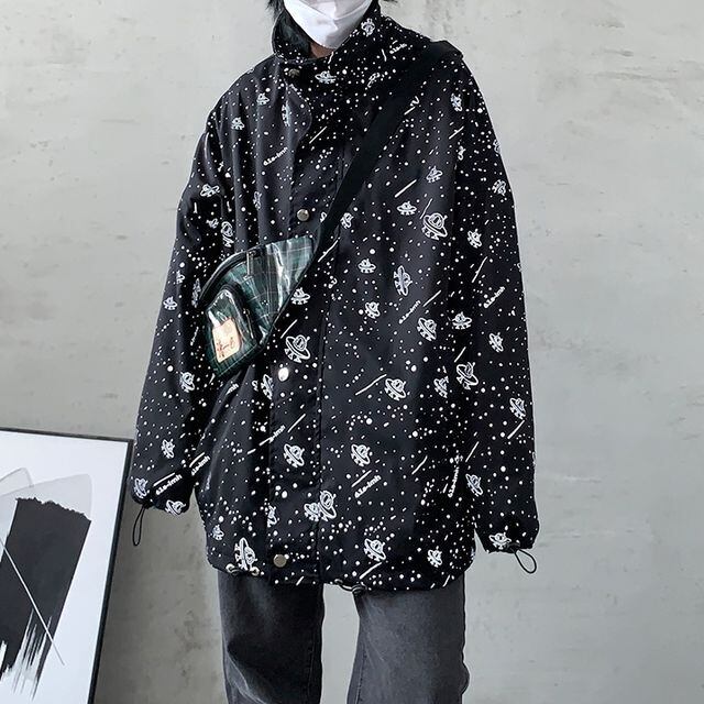 【予約販売】ナイロンジャケット ブルゾン アウター 反射 宇宙柄 メンズ ブラック ホワイト お洒落 こなれ感 ベーシック 秋 春 大きいサイズ M/L/XL/2XL