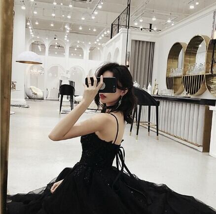 高品質！イブニングドレス 黒 キャミソール ミニトレーン/短トレーン  