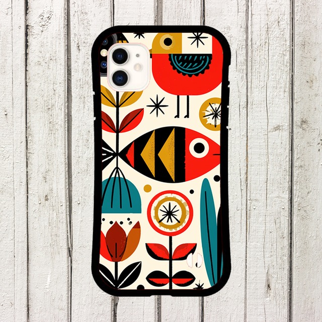 受注生産 iPhoneケース 赤黒の鳥と草花の民芸柄｜鳥モチーフ FMSY106C