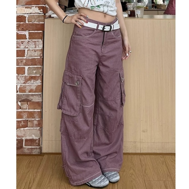 コントラストステッチワイドシルエットカーゴパンツ 2col R02455