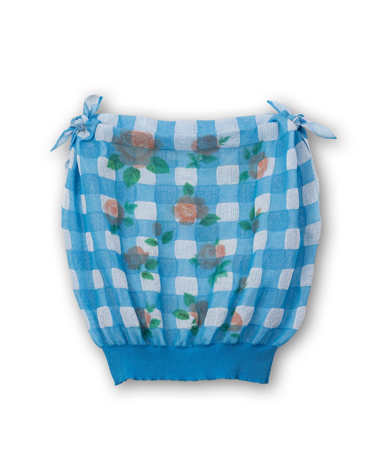 TAN/26SS-16 FLOWER PRINTED GINGHAM KNIT TOP BLUE