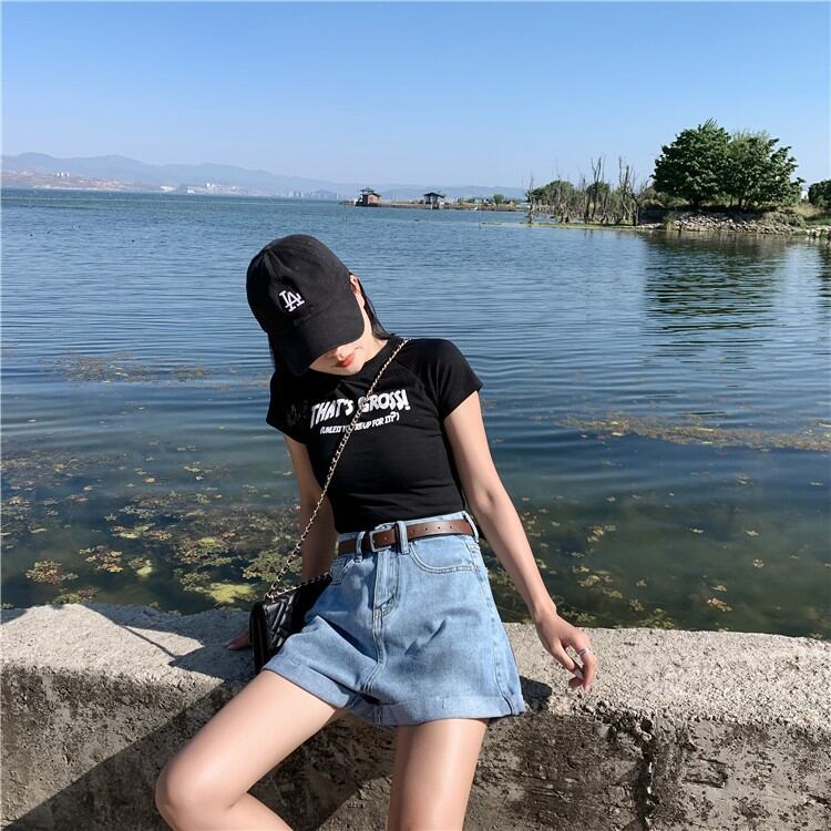 ジーンズ ショートパンツ ロールアップ ワイド ベルト付き デニム