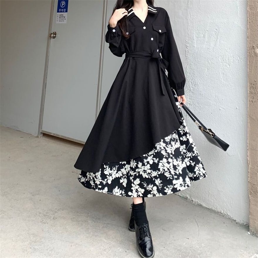 サブカル 服 地雷系 通販 ワンピース Aライン ロング丈 レイヤード 花柄 大人きれいめ 闇かわいい かっこいい 20代 30代