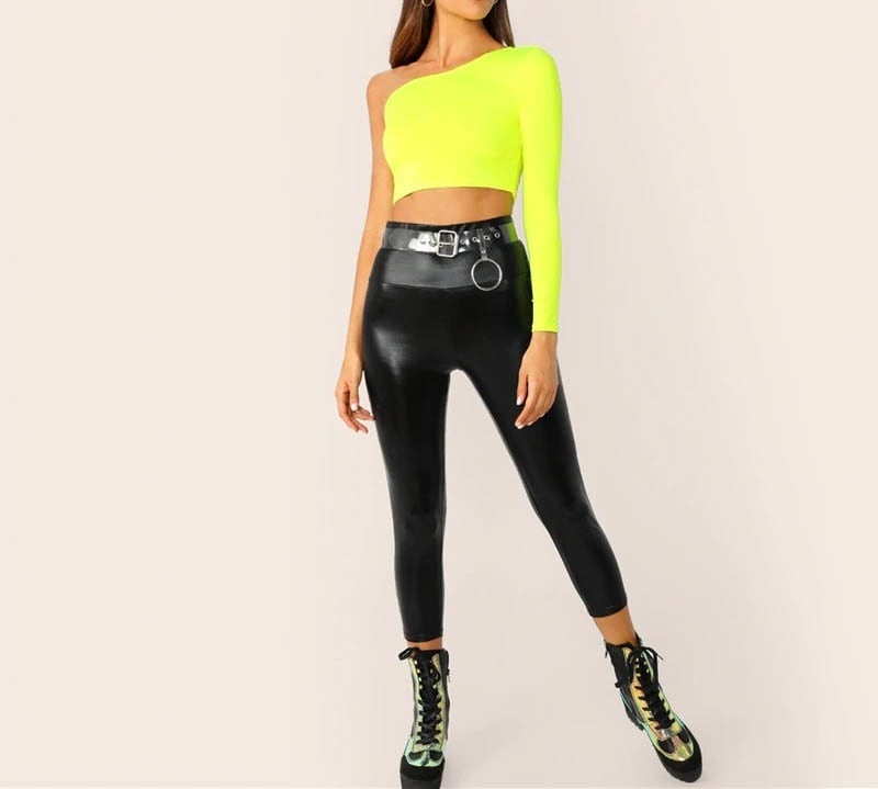 ワンショルダー 長袖トップス ネオンイエロー 蛍光 ネオンカラー ダンス 衣装 イベント スポーツ