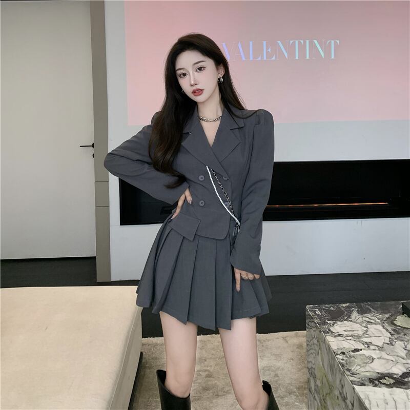 ドレス ウェストプリーツAラインショートスカート オータムダブルブレスト ロング 秋物 ブラックストロベリース43512630657