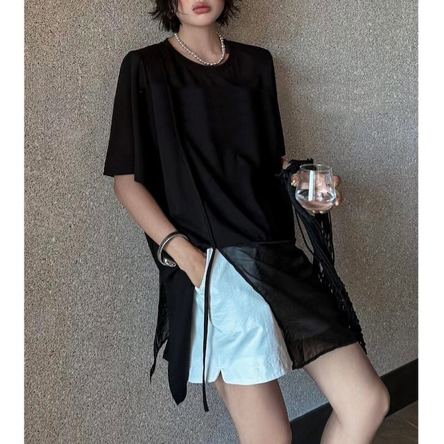 shoulder padded slit t-shirt 10948