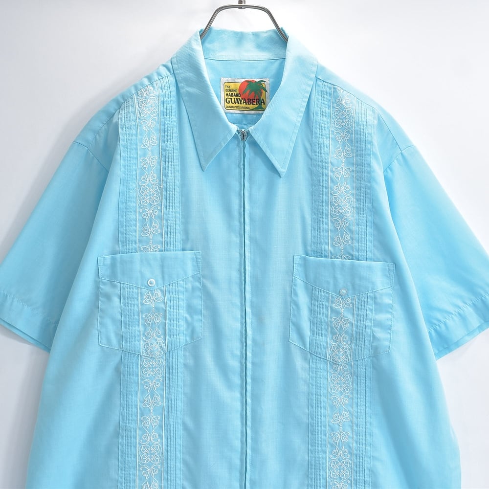 訳あり 80s 90s HABAND GUAYABERA 刺繍 プリーツデザイン グアヤベラシャツ 半袖 ライトブルー USED ヴィンテージ ビンテージ 古着 メンズ Lサイズ相当