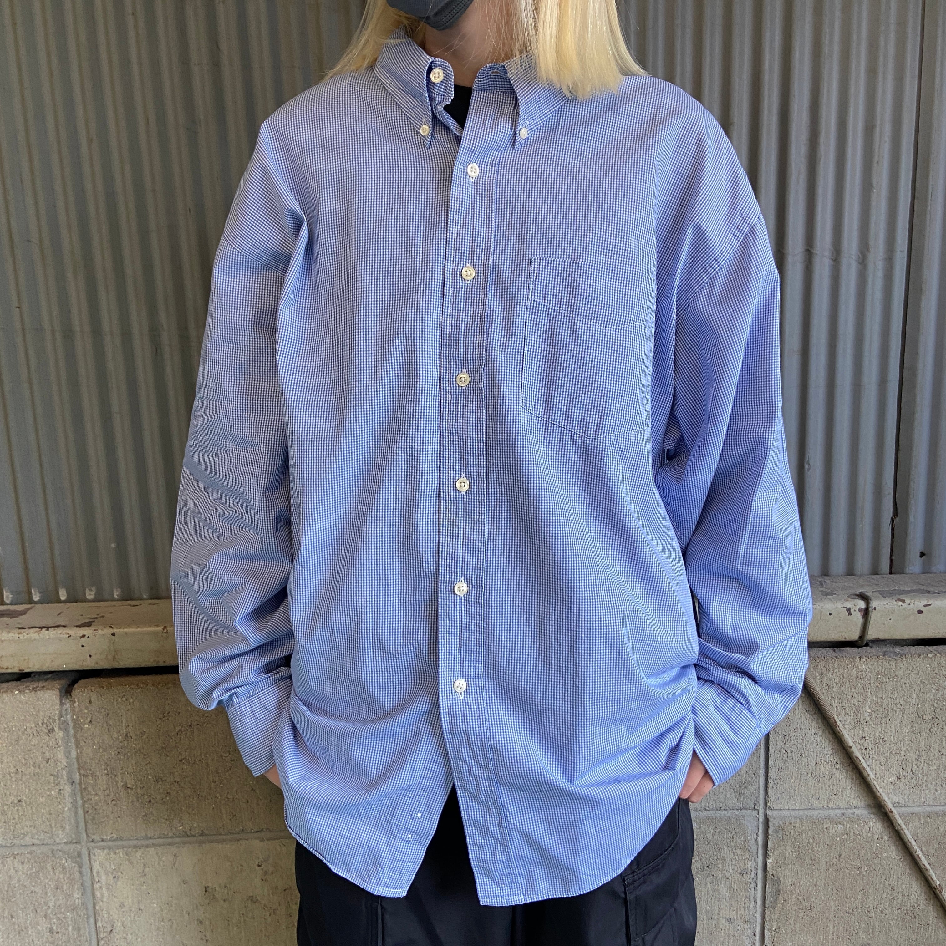 ラルフローレン ロゴ刺繍チェック長袖BDシャツ ブルー ビッグサイズ