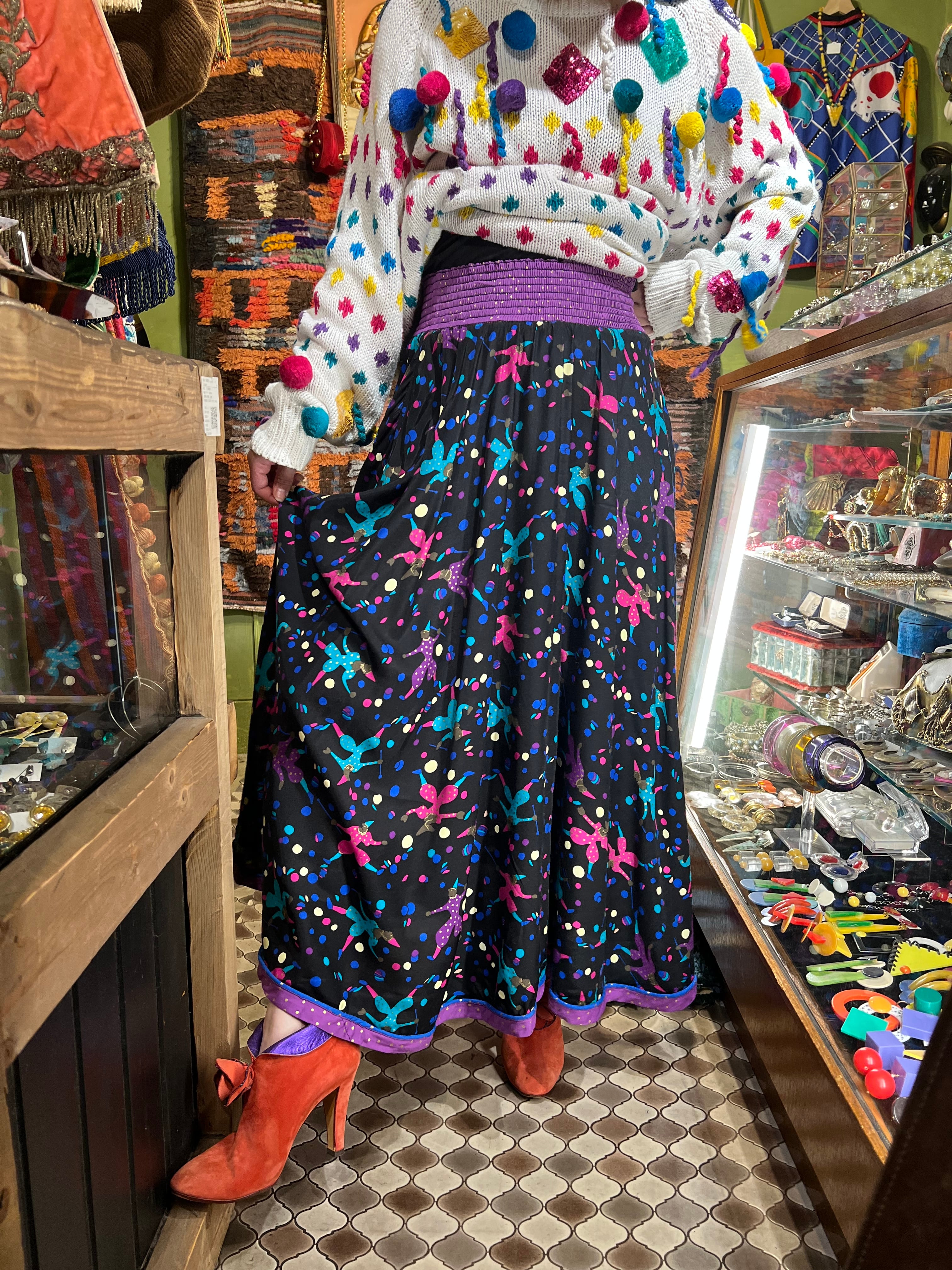 Jeanne Marc Black Multicolor Circus Pierrot Skirt ジェーンマーク ブラック マルチカラー サーカス ピエロ スカート Riyad Vintage Shop Jeanne Marc Black Multicolor Circus Pierrot Skirt ジェーンマーク ブラック マルチカラー サーカス ピエロ スカート Riyad Vintage Shop
