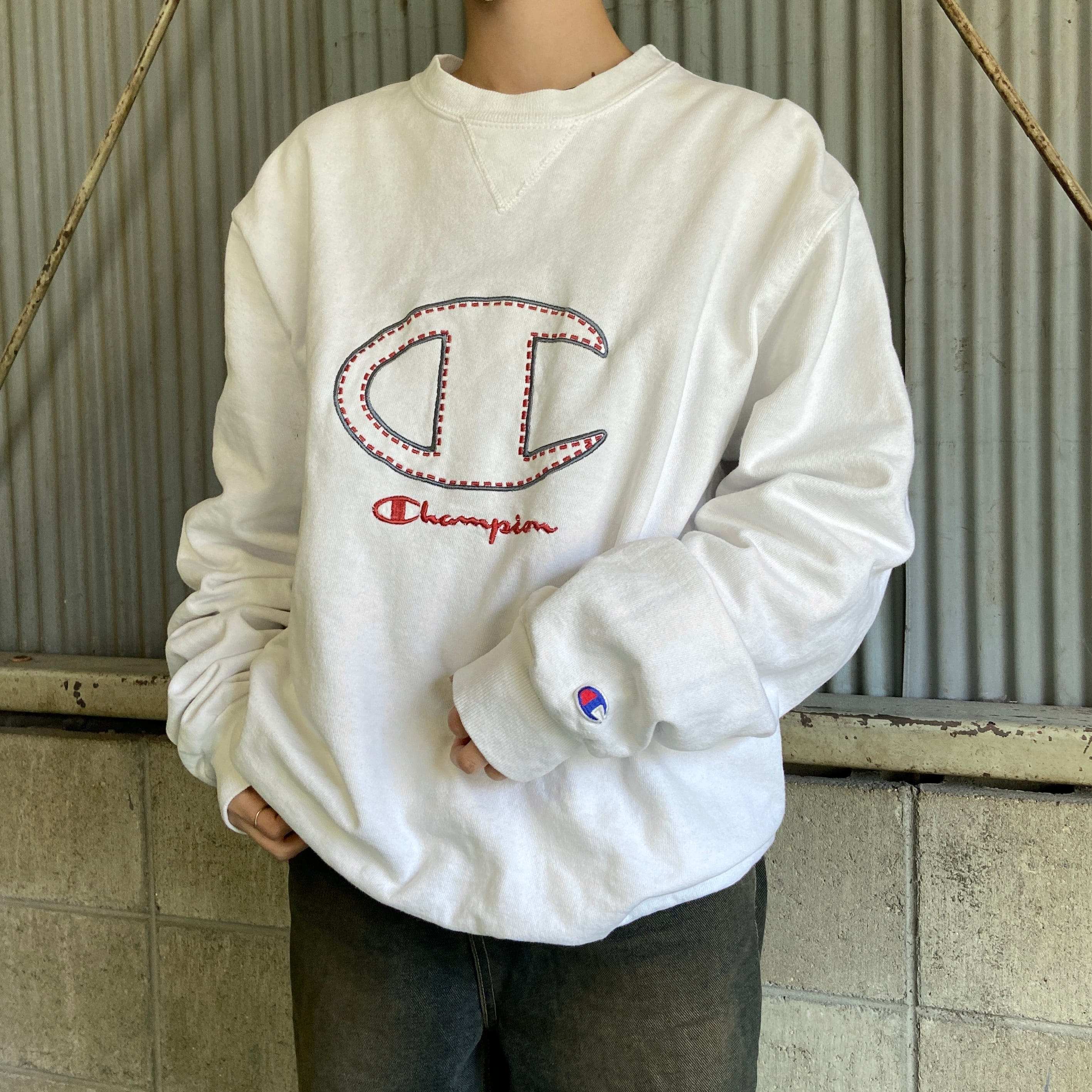 USA製 90年代 Champion チャンピオン ビッグロゴ刺繍 スウェット メンズL 古着 トレーナー 90s ビンテージ ヴィンテージ ホワイト  白【スウェット】【SW20】【AN20】 | cave 古着屋【公式】古着通販サイト