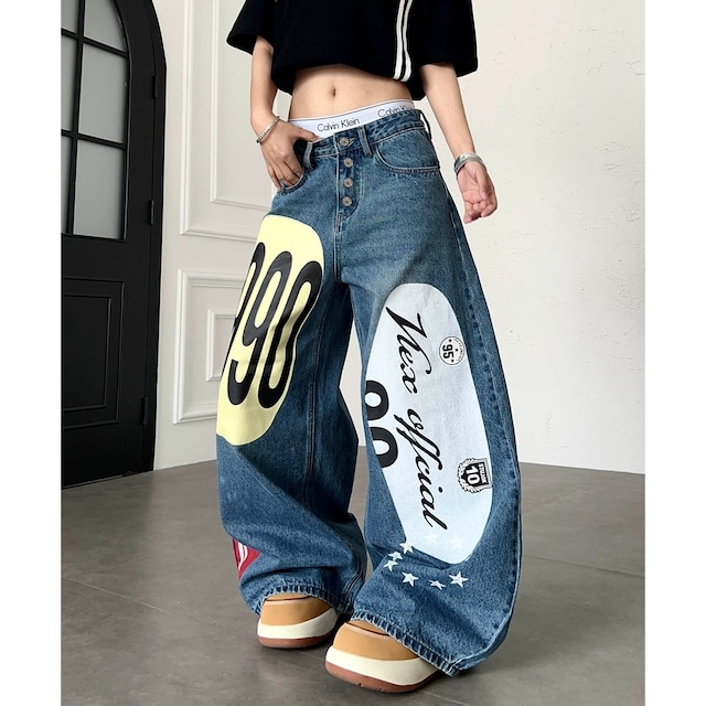 オーバルグラフィックダメージライクカーブデニムパンツ 2col R02531