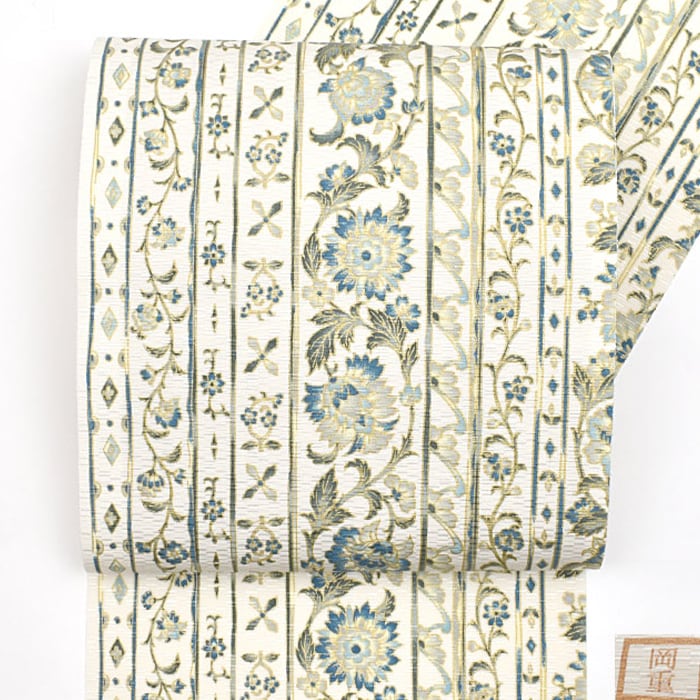 正絹 染め名古屋帯 全通柄 長め❣️ 九寸名古屋帯 正絹 塩瀬 型染め 染め 全通柄 花柄 藍色 カジュアル MWR