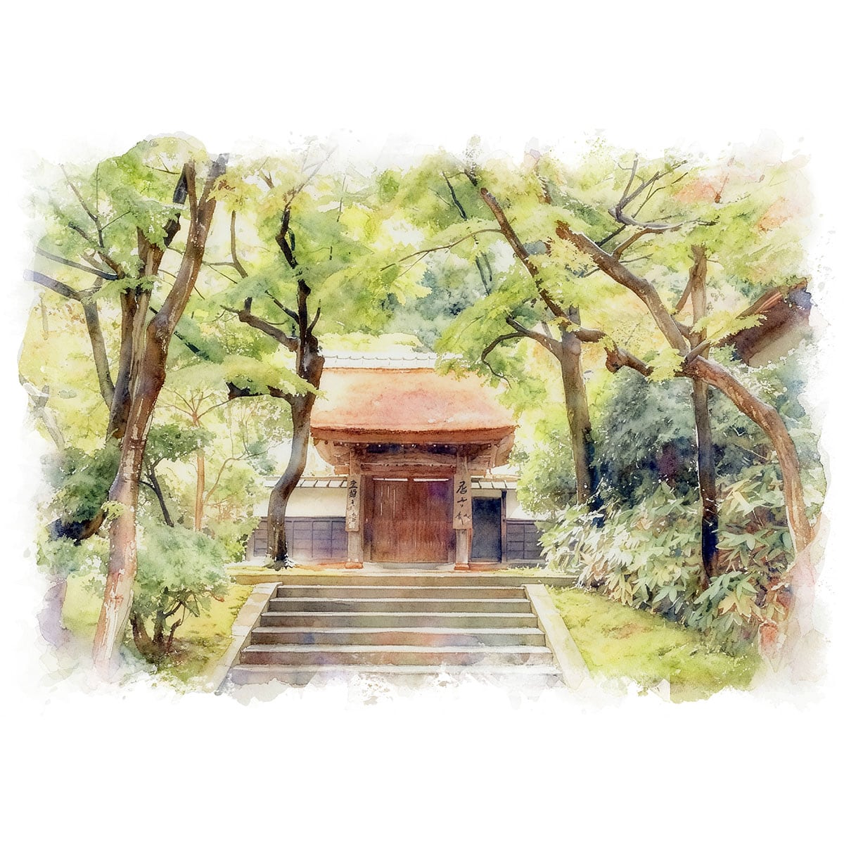 絵画 日本 神奈川県 円覚寺 風景画 インテリアアート額付き 水彩画・油絵風 WAT0155