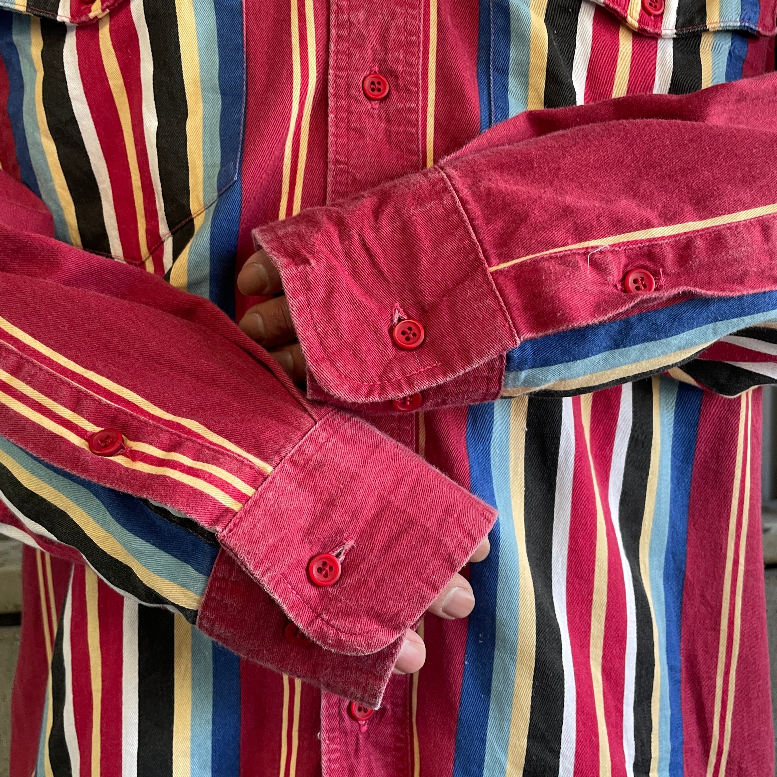 # 80s Wrangler ラングラー マルチカラー ストライプ 長袖 シャツ 80年代 Wrangler ラングラー ストライプ 長袖 ボタンダウン