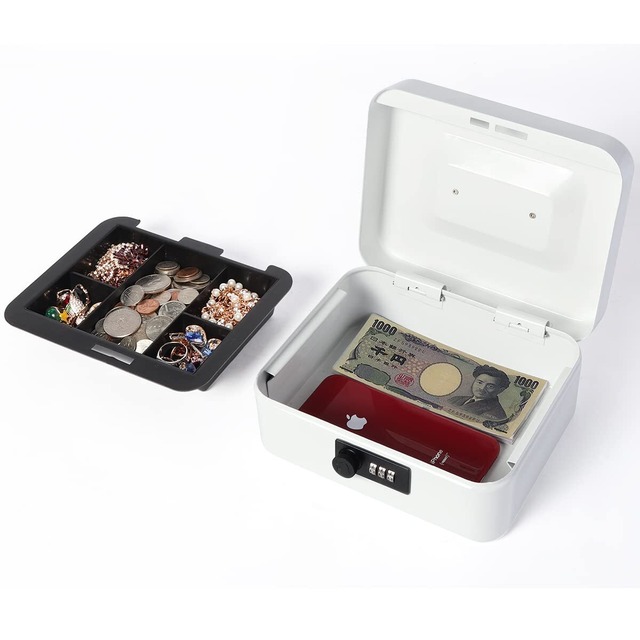 Lysmics 金庫 手提げ金庫 ダイヤル式 貯金箱 ミニ金庫 収納ボックス 家庭用 防犯 事務用品 (ホワイト, S)