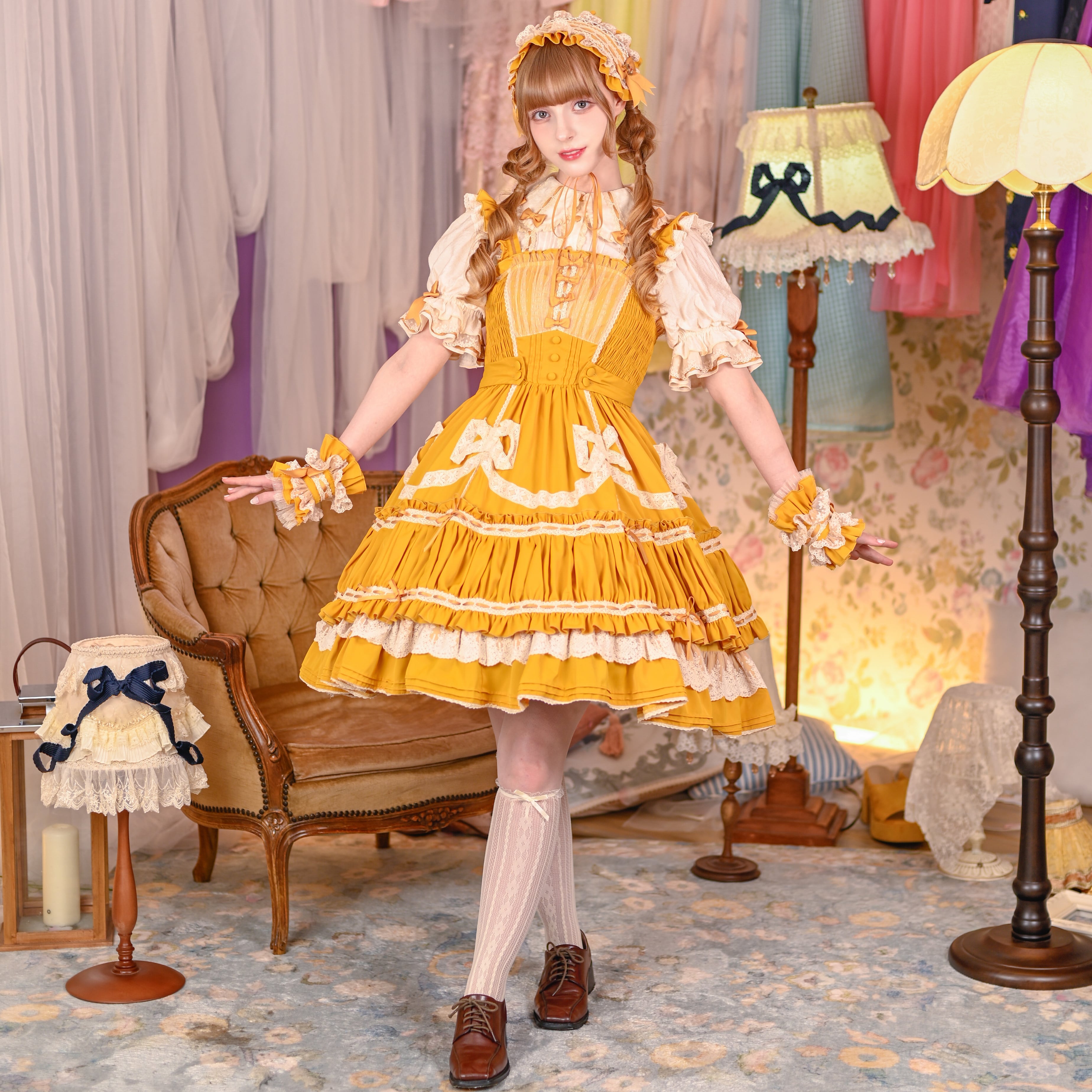 【GW限定】Belle Harmonie柄リボンジャンパースカート／イエロー ドリーミング・ティーパーティー リボンジャンパースカート