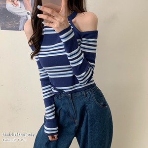 肩出し ニット トップス レディース 春秋冬 韓国 おしゃれ 肌見せ 大人 かわいい きれいめ ボーダー柄 オフショルダー フェミニン 大人可愛い 大人女子