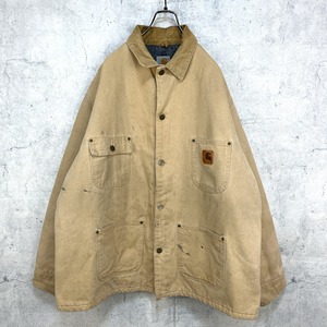 90s カーハート ダックカバーオール 襟コーデュロイ レザーロゴ USA製