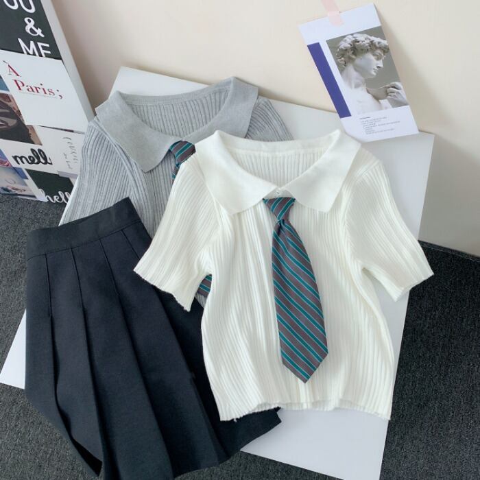 スタイルカラーショートセーター 薄手レディースサマーホワイトTシャツ トップス 夏物 1号婦人44800598291