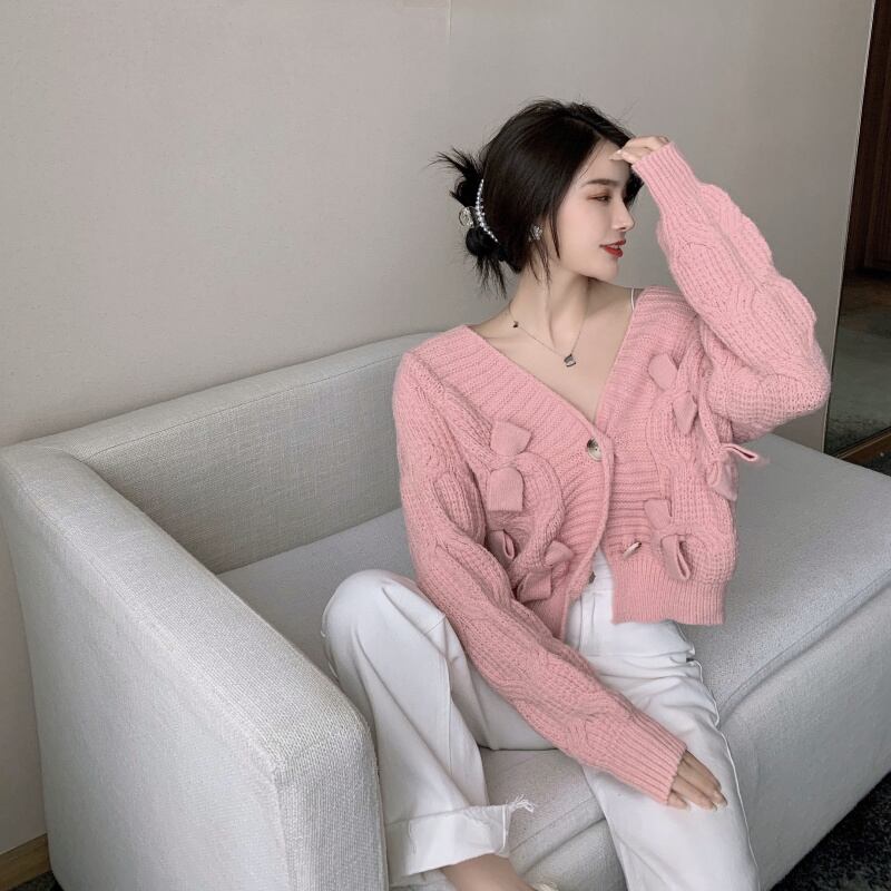 ニットセーター ショートルーズトップス オータムウィンターカーディガンジャケット ピンク リボン 秋物 冬物 ブラックストロベリース38438019610