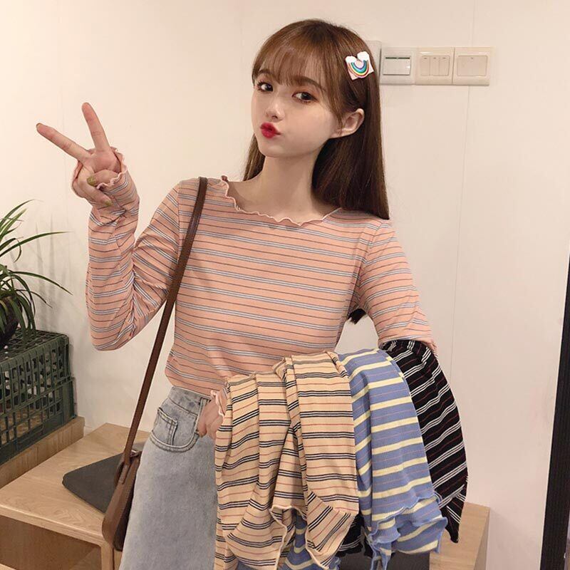 ラウンドネックショートトップス スプリングスリムフィットストライプTシャツ シャツ ロング 春物 Oネック 萌量不足57051459365