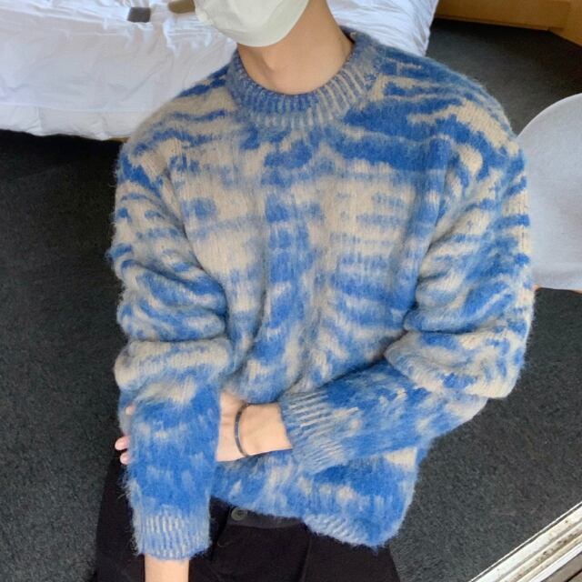 予約販売】ニット セーター メンズ ブルー もこもこ モヘア ラウンド