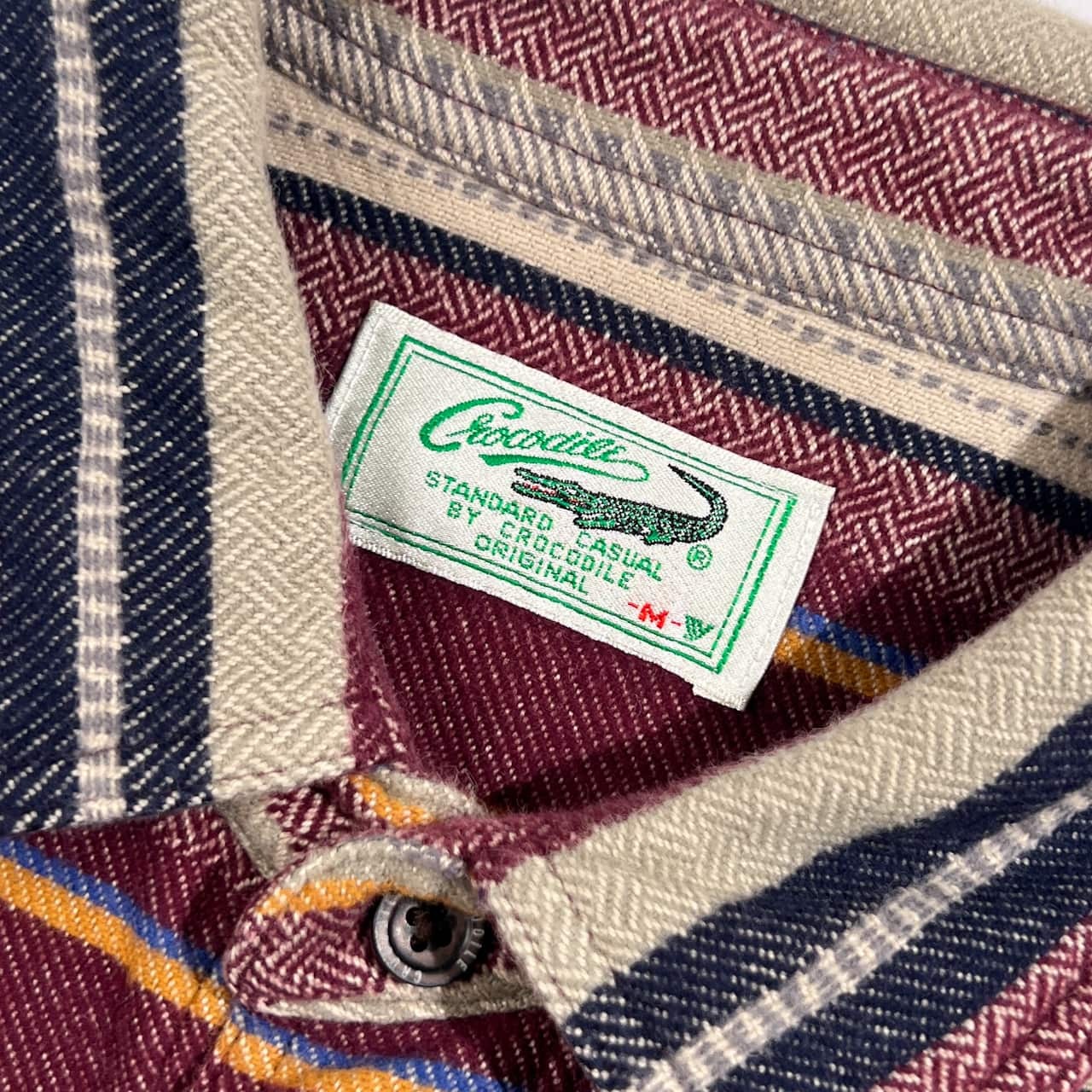 Crocodile クロコダイル ボーダー BD ボタンダウン 長袖 ネルシャツ M/ボルドー系 メンズ