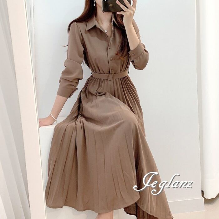 2色 シャツ ワンピース ドレス 切替 プリーツ 共ベルト きれいめ(M4676)γα