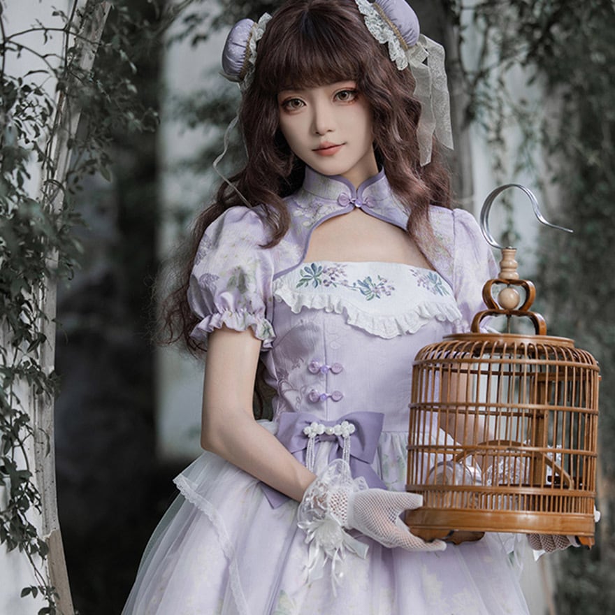 SEASONZ 半袖ワンピース ドレス 刺繍 ハイネック パフスリーブ 花柄