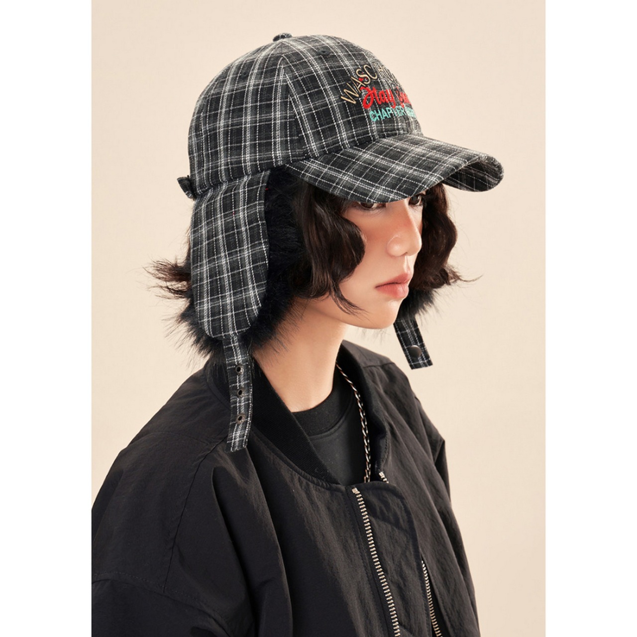 2色チェック柄防風ファーイヤーキャップ  G191