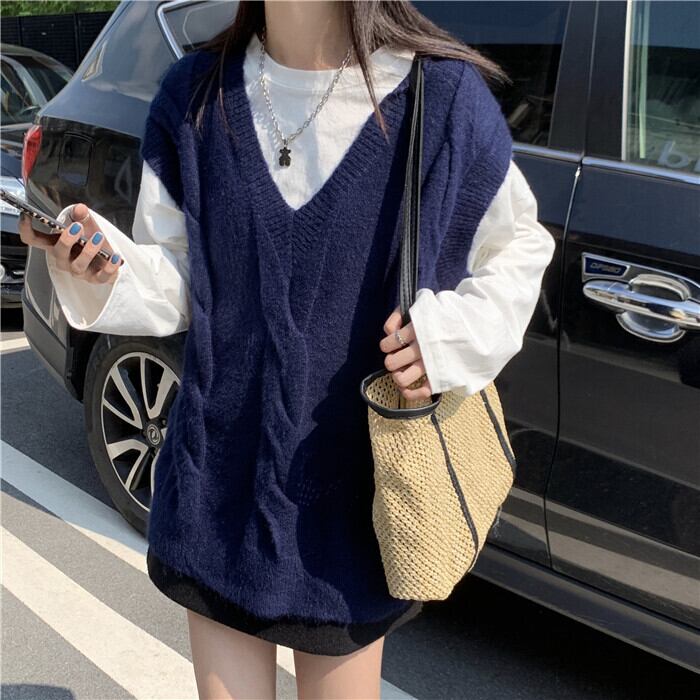 レトロツイストVネックルーズアウターベストレディース初秋2020新入生カジュアル薄セーターインのバージョン クレセントシティ75970216319