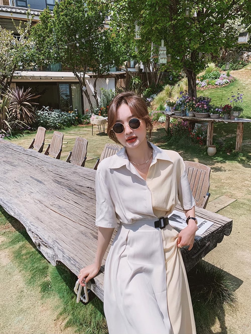 きれいめアイボリーベージュロングワンピース | 韓国/ワンホン  