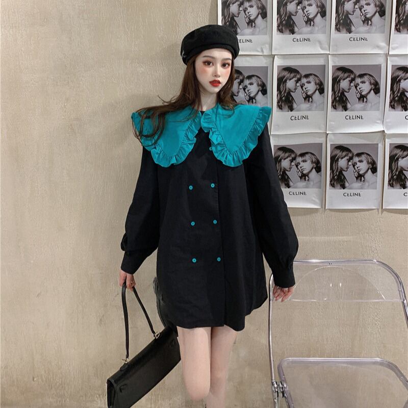 ルーズブラックカラーシャツ スプリングトップス 春物 ブラックストロベリース50899569358