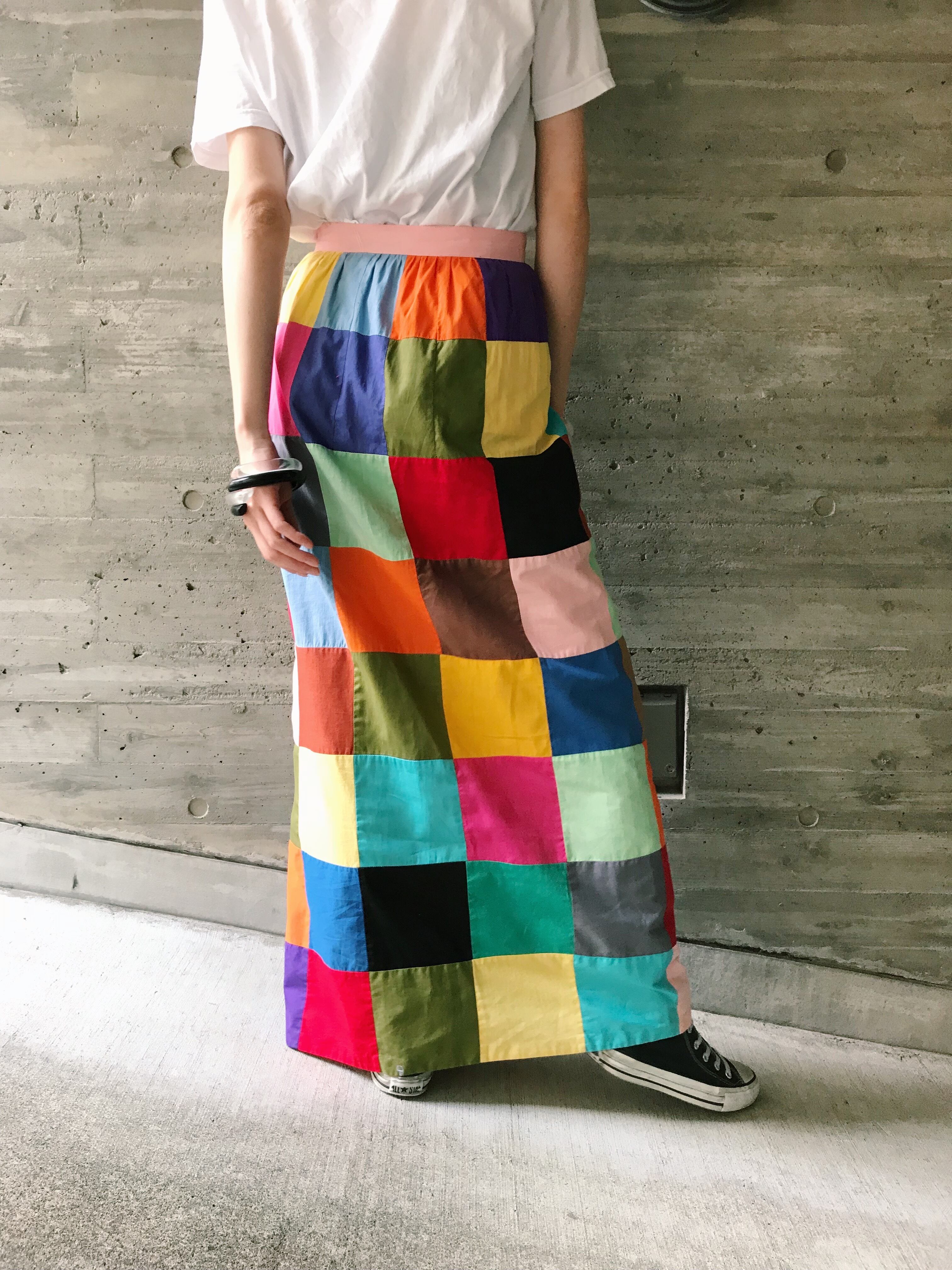 70s handmade multi color patchwork long cotton skirt ( ヴィンテージ ハンドメイド マルチカラー  パッチワーク コットン ロングスカート ) | Riyad vintage shop powered by BASE