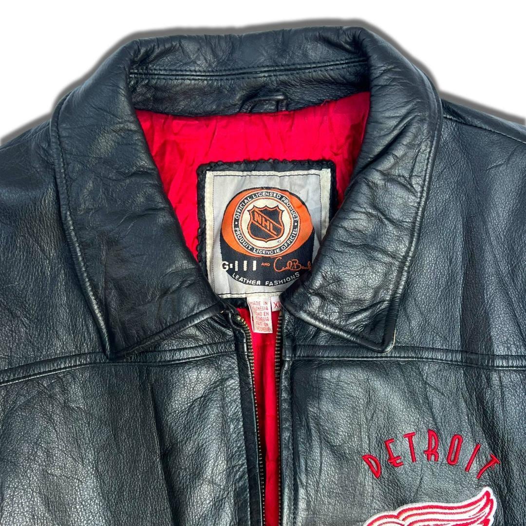 90s GⅢ NFL レザージャケット XL ブラック デトロイト・レッドウィングス Detroit Red Wings オールレザースタジャン 刺繍  ストリート系古着 STARTER スターター NIKE ナイキ