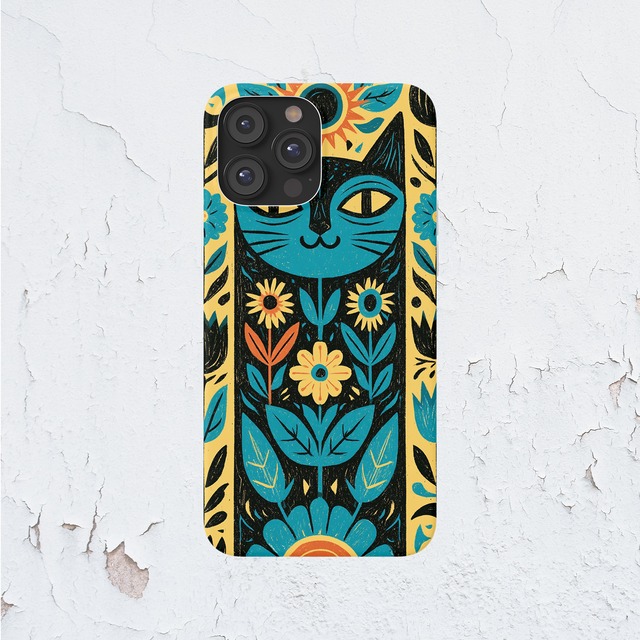 受注生産 iPhoneケース 青い猫と花のサイケ民芸柄｜猫モチーフ PSYF016C