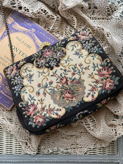 フランス Vintage  ハンドバッグ チェーンバッグ ゴブラン織 花柄 薔薇 Rose インテリア小物 撮影小物