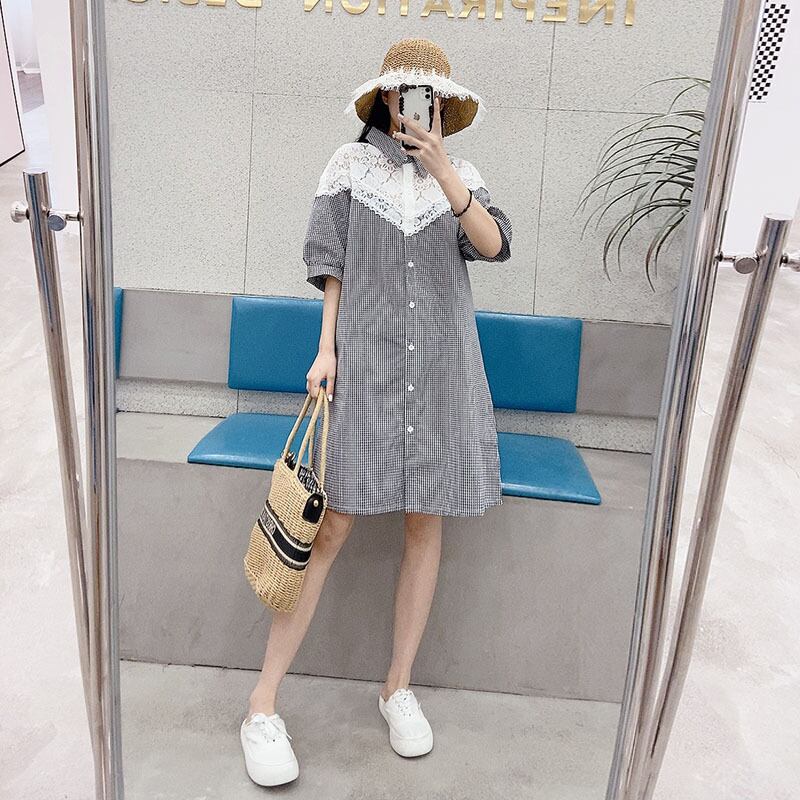 格子柄シャツ レースFlowerデザイン スカート サマー 大きめサイズ 夏物 フラワーデザイン ステッチ ミックスインファッション39740229800