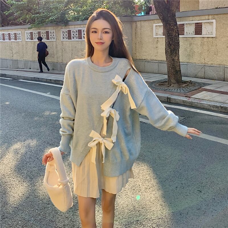 セーター ルーズスタイルコート オータムウィンタートップス リボン 秋物 冬物 ブラックストロベリース38911227705