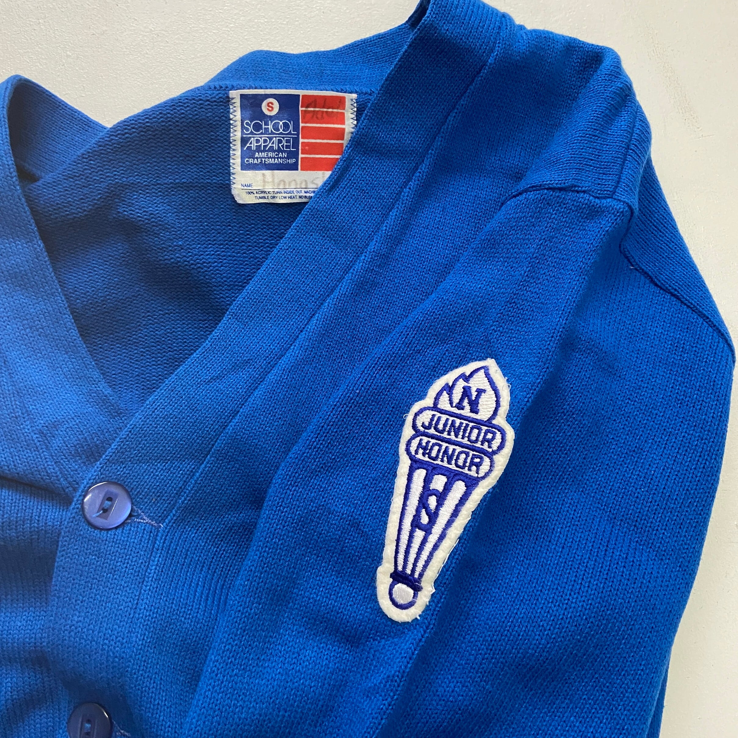 80年代 SCHOOL APPAREL レタード カーディガン メンズS 古着 アクリル