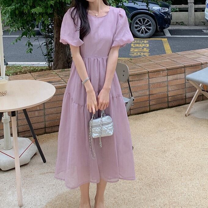 ワンピース レディース フレア ワンピドレス 半袖 パフスリーブ ロング丈 かわいい 大人可愛い きれいめ 上品 エレガント 清楚 フェミニン おしゃれ お洒落 綺麗 お嬢様 ナチュラル こなれ感 ラブリー キュート ガーリー レトロ ロマンチック 抜け感 主役級 存在感 無地 学生 通学 デート お出かけ 女子会 S M L XL 2XL 3XL パープル ブルー 春 夏 10代 20代 30代 40代 韓国 韓国系 着回し 普段使い 体型カバー ファッション モテ トレンド 流行 インスタ映え