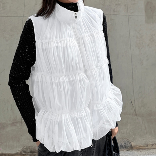 フリル ジップアップ ショート丈 ベスト 2color JK0339