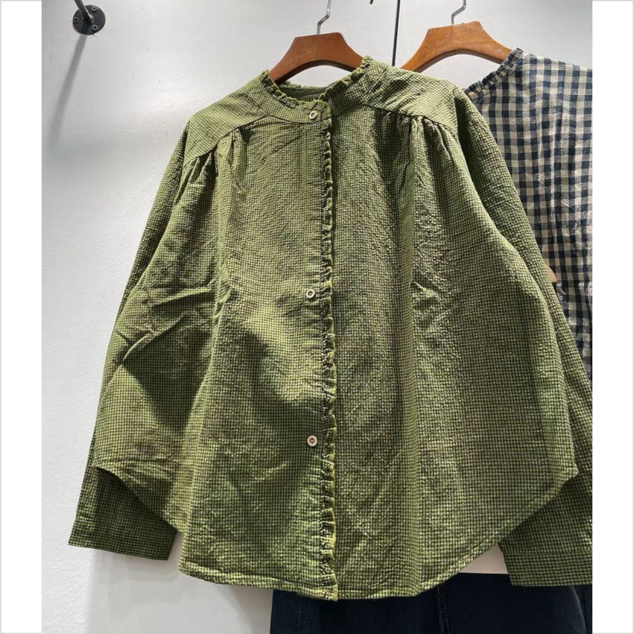 チェック柄 スタンドカラー ゆったりシャツ Ln00368