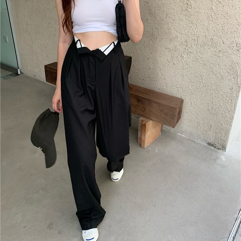 黒のハイウエストカジュアルスーツパンツレディース秋ストレート薄片ルーズシンワイドレッグパンツドレープモッピングパンツ ブラックストロベリース50766850902