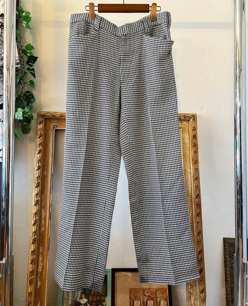 70s  Houndstooth  pattern polyester slacks 【L】