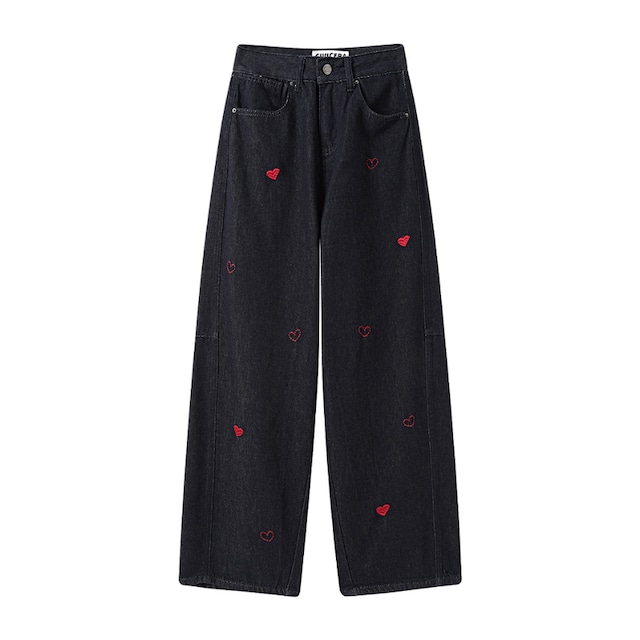 heart embroidered high waist wide-leg denim pants J00056
