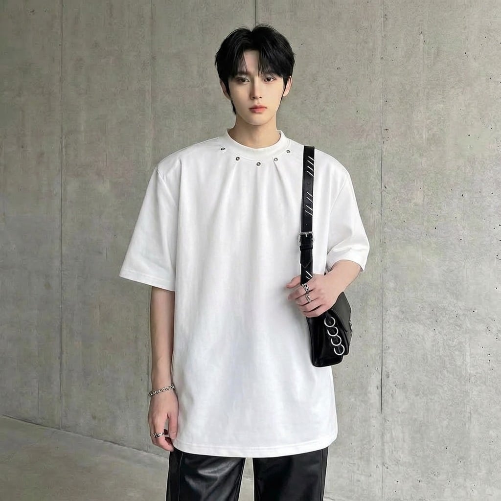 ネックタックスタッズ ルーズTシャツ 2カラー D12288