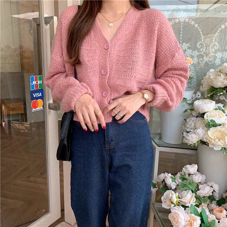 Vネックランタンスリーブセーターレディース2020年初秋新デザインセンスニッチルーズカジュアルニットカーディガンイン クレセントシティ38855848764